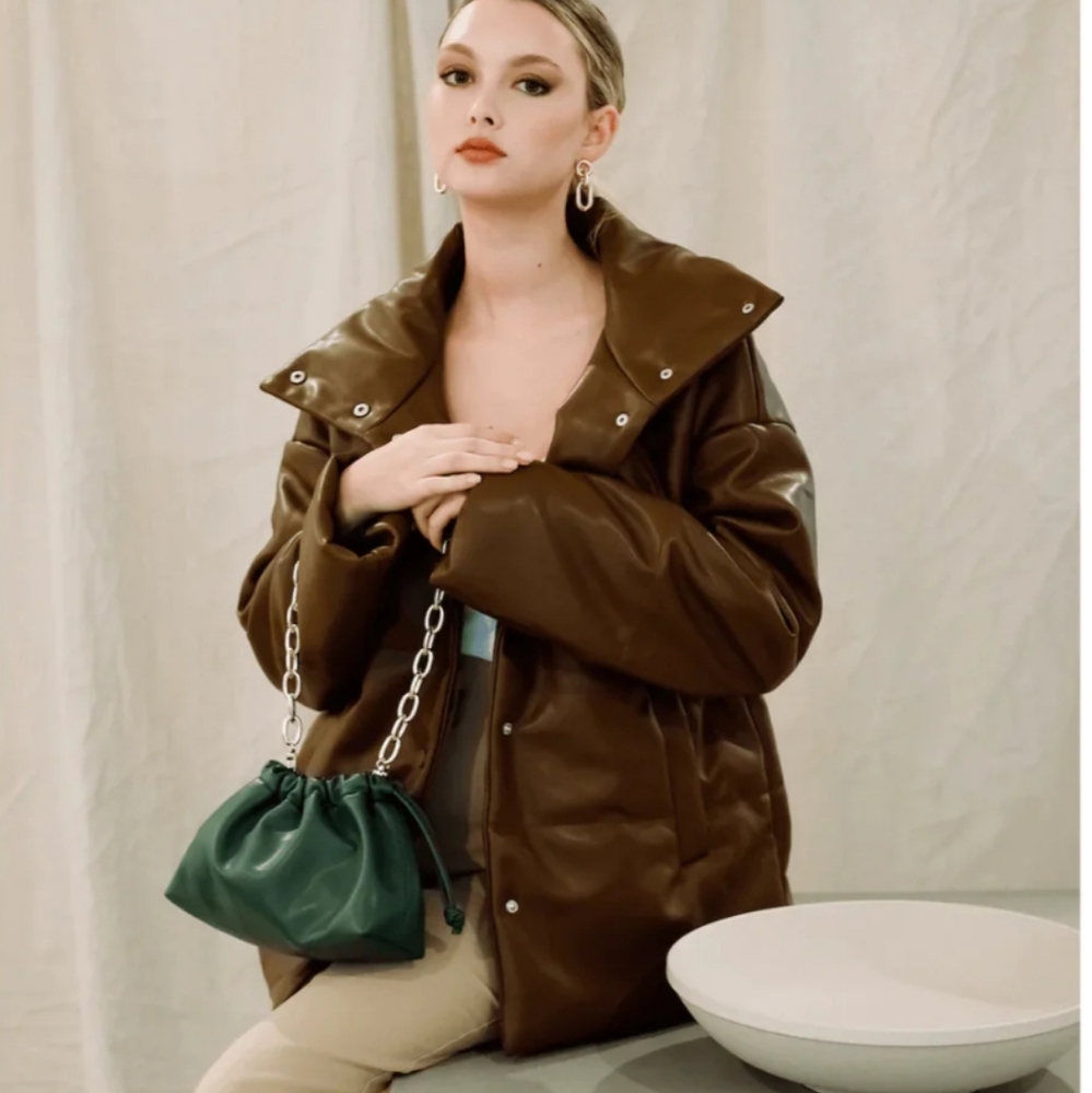 NWT Jules Kae Anastasia Chocolate Brown Vegan Leather Puffer Jacket